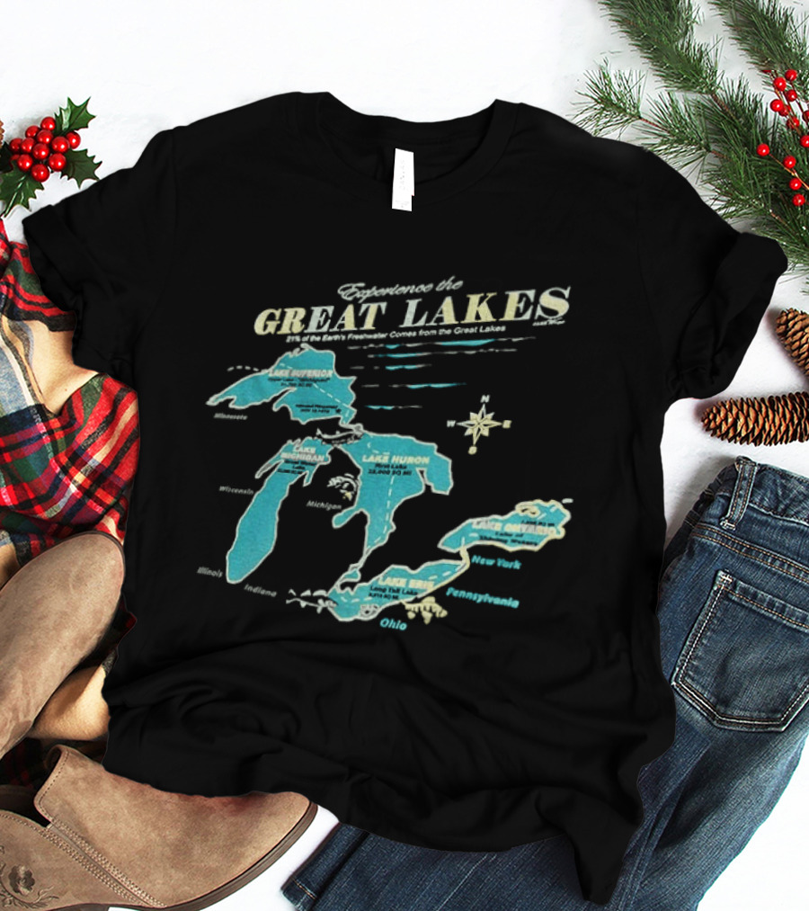 Experience The Great Lakes Map United States Geography Featuring Lake Michigan Superior Huron Erie Ontario T-Shirt