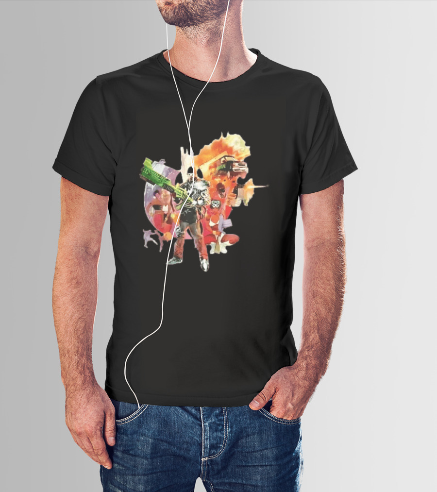 Masked Skeleton Soldier Green Rifle Fire Explosion Flying Truck Collage T-Shirt