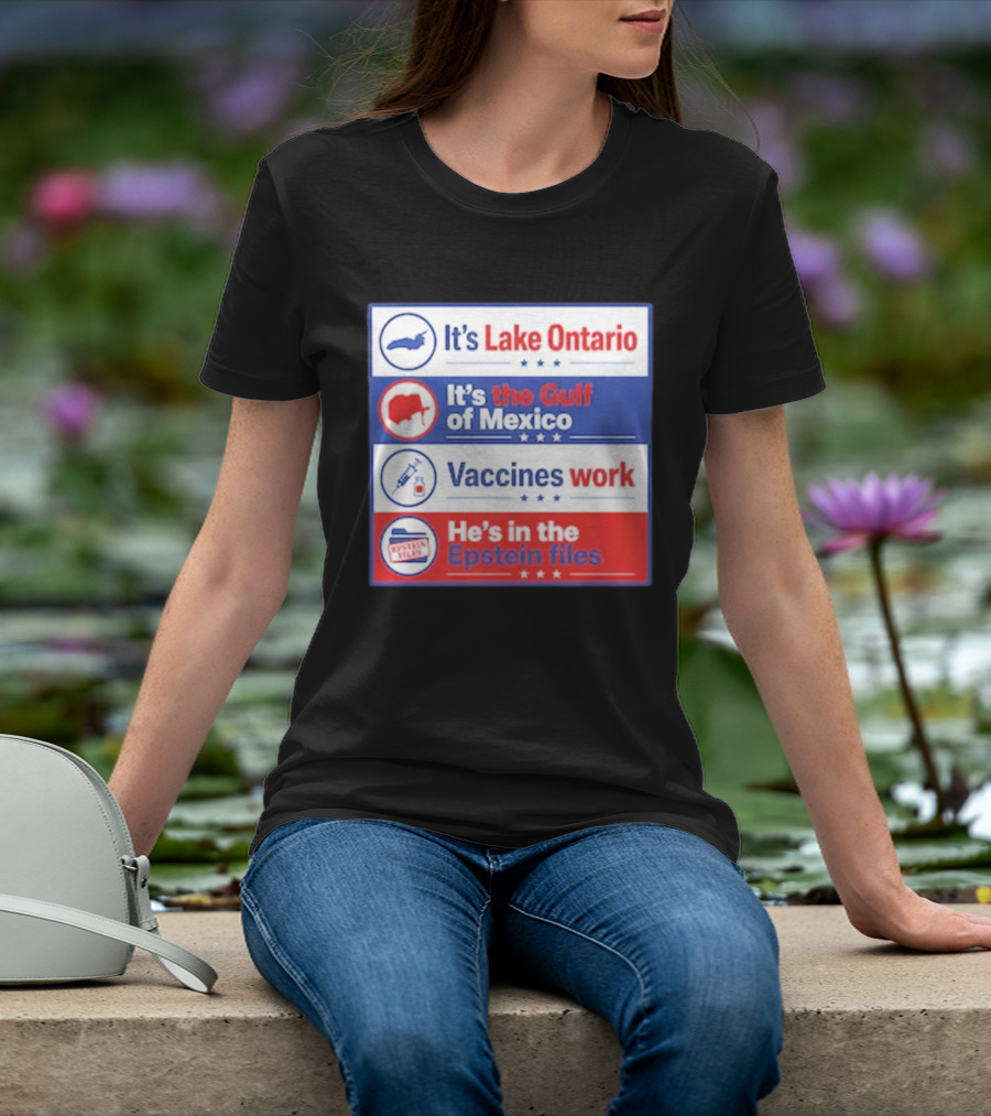 It's Lake Ontario It's The Gulf Of Mexico Vaccines Work He's In The Epstein Files T-Shirt