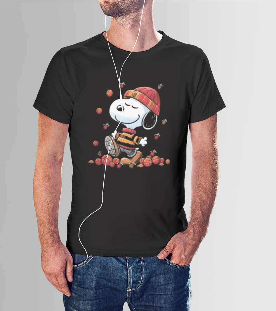 Miami Heat NBA Snoopy Walking Beanie Striped Flaming Basketballs Black T-Shirt