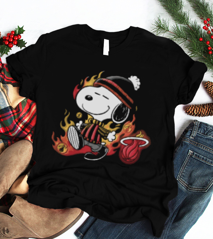 Miami Heat NBA Snoopy Walking Beanie Striped Flames Cartoon T-Shirt