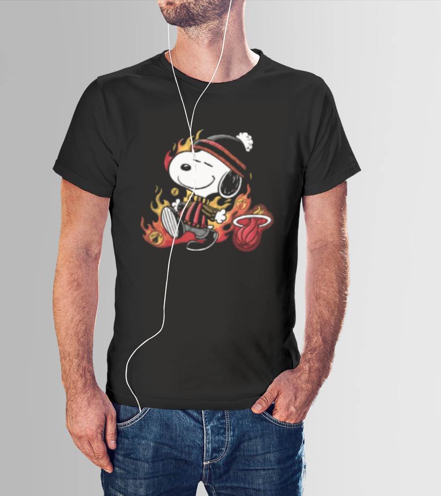 Miami Heat NBA Snoopy Walking Beanie Striped Flames Cartoon T-Shirt