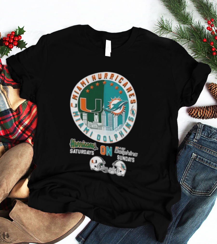 Miami Hurricanes Dolphins City Skyline Saturdays Sundays Two Helmets T-Shirt