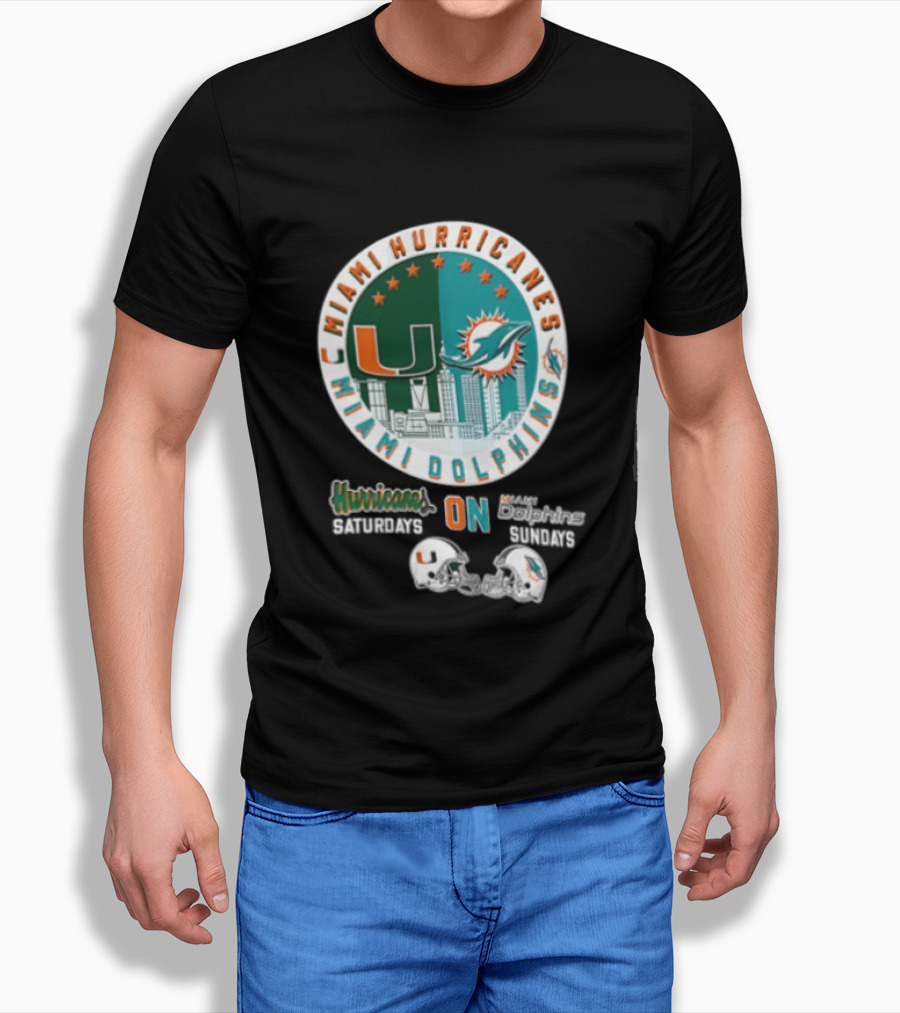 Miami Hurricanes Dolphins City Skyline Saturdays Sundays Two Helmets T-Shirt