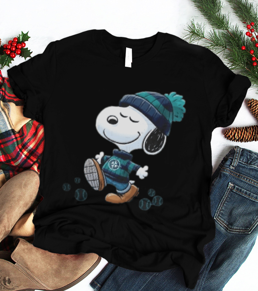 Seattle Mariners Snoopy Walking Beanie And Baseballs MLB Cartoon T-Shirt
