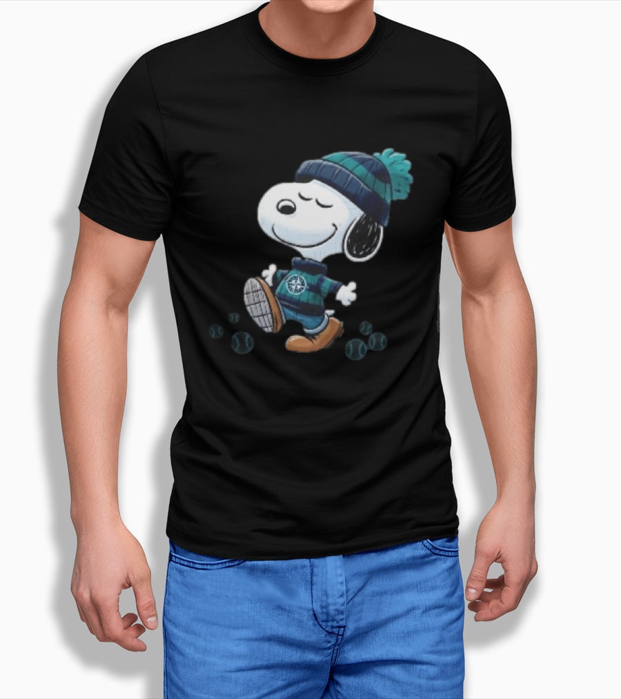 Seattle Mariners Snoopy Walking Beanie And Baseballs MLB Cartoon T-Shirt