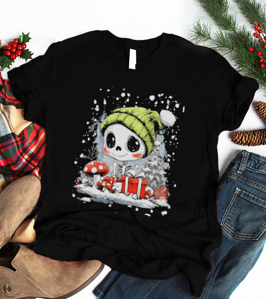 Skeleton In Green Beanie Hat With Mushroom And Christmas Present T-Shirt