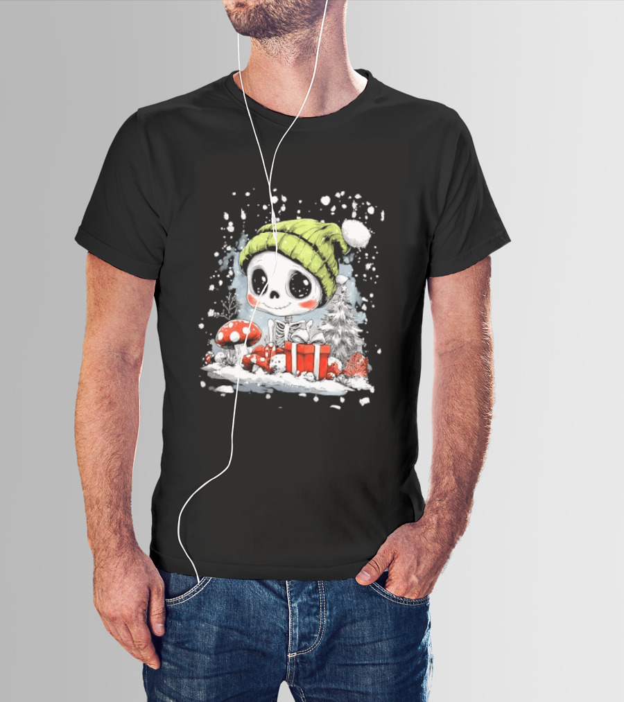 Skeleton In Green Beanie Hat With Mushroom And Christmas Present T-Shirt