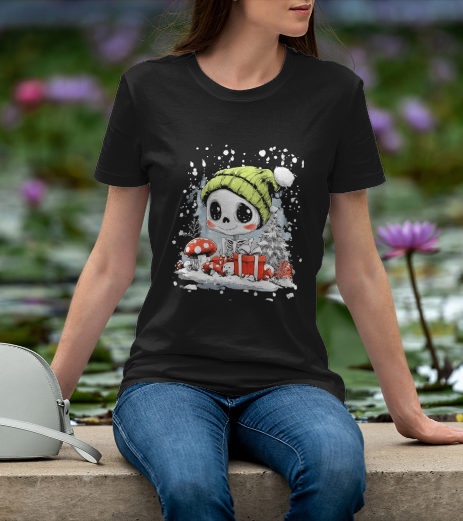 Skeleton In Green Beanie Hat With Mushroom And Christmas Present T-Shirt