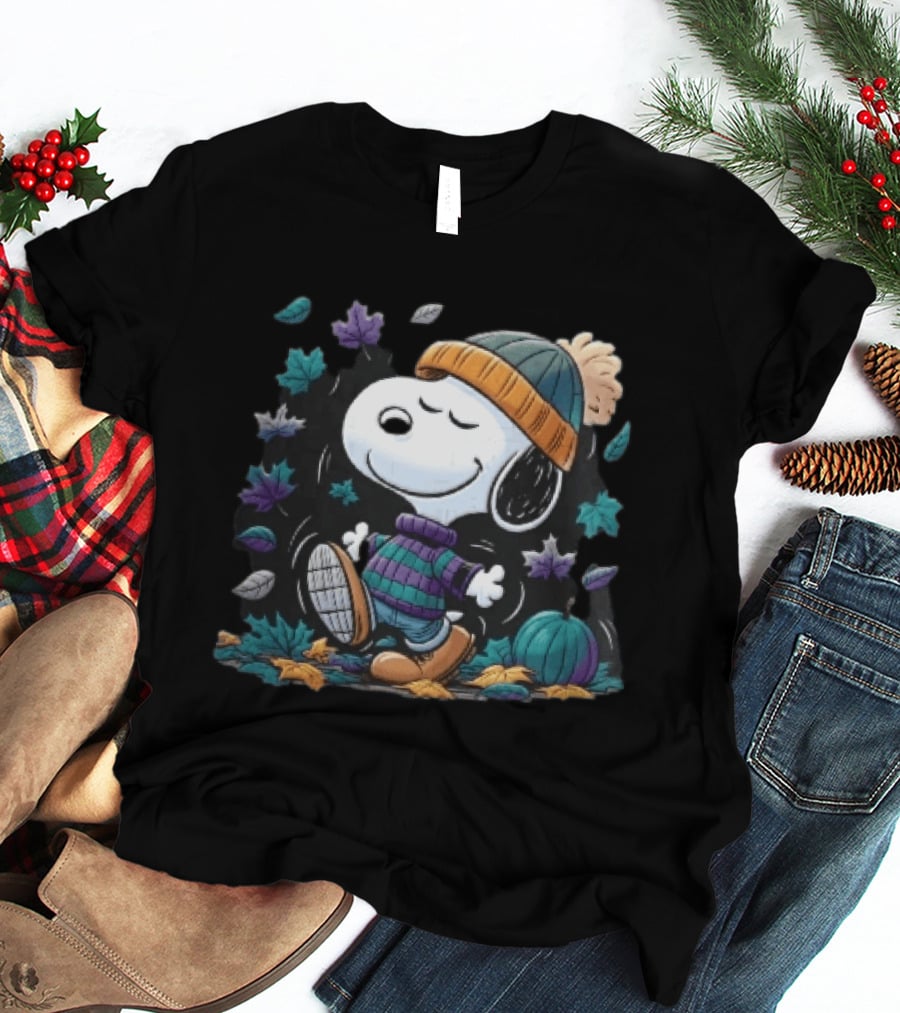 Snoopy Autumn Walk Striped Beanie Pumpkin And Falling Leaves T-Shirt