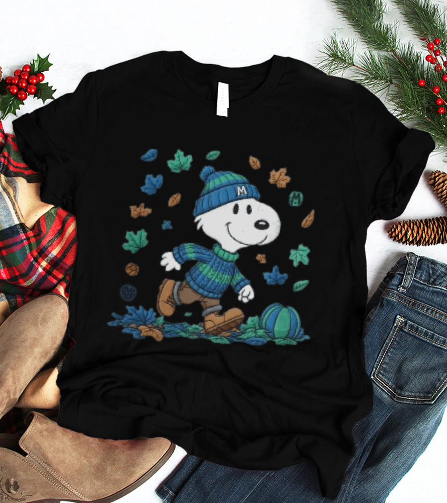 Snoopy Walking Autumn Leaves Blue Green Beanie Pumpkin T-Shirt