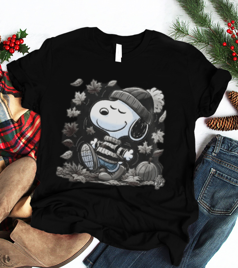 Snoopy Walking Beanie Striped Sweater Autumn Leaves Pumpkin Cartoon T-Shirt