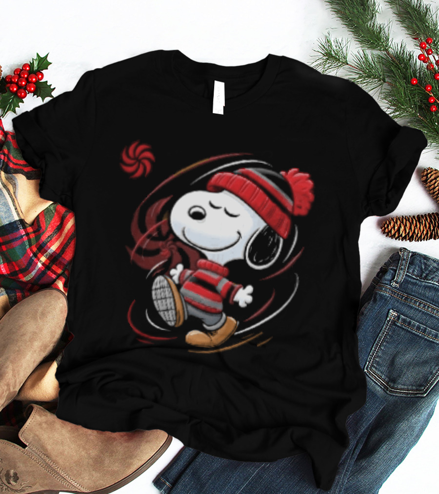 Snoopy Walking Red Black Striped Beanie Swirl Cartoon T-Shirt