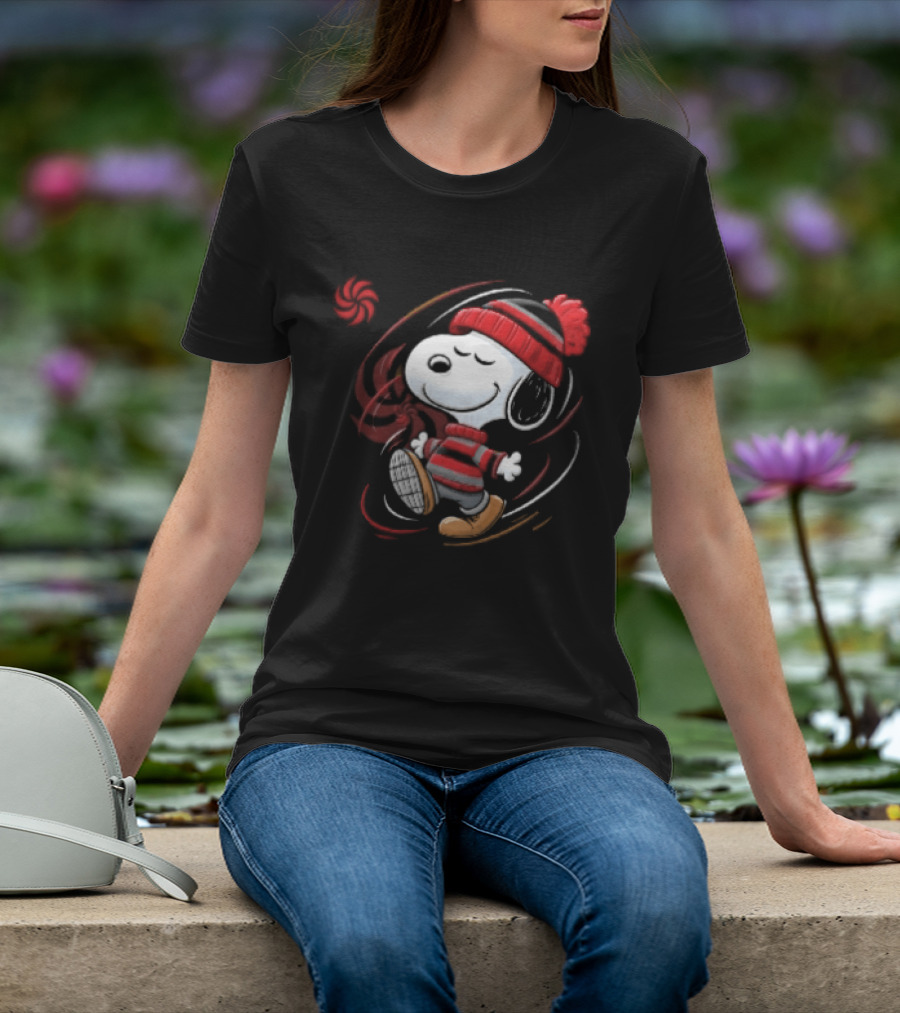 Snoopy Walking Red Black Striped Beanie Swirl Cartoon T-Shirt