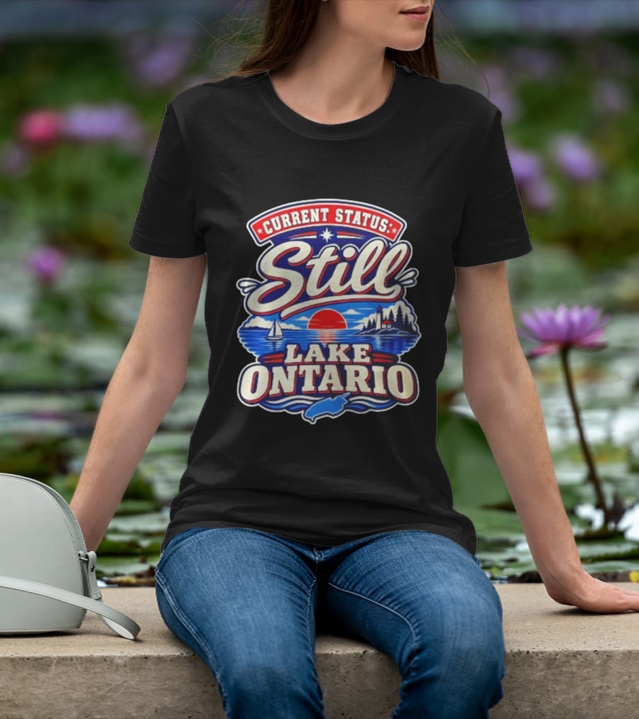 Current Status Still Lake Ontario Sunset Sailboat Lighthouse Scene T-Shirt