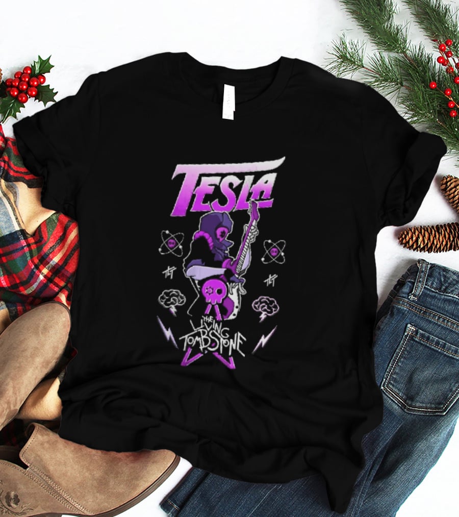 Tesla The Living Tombstone Purple Hooded Skull Mask Electric Guitar Pixel T-Shirt