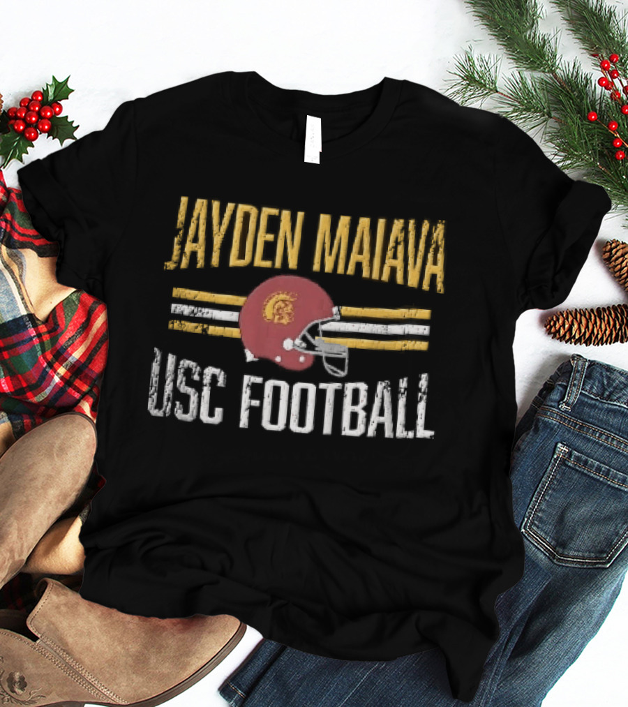 Jayden Maiava USC Football Distressed Helmet Yellow Stripes T-Shirt