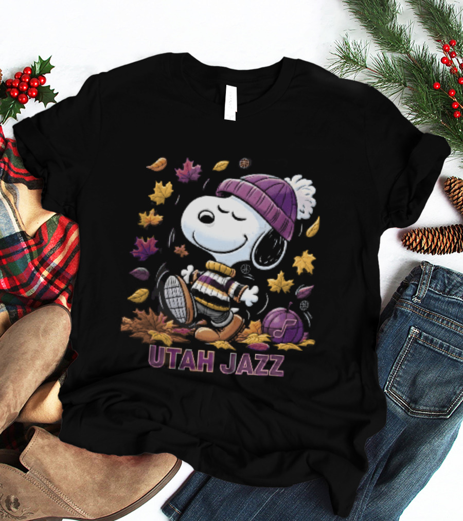Utah Jazz Snoopy Cartoon Walking In Autumn Leaves Purple Beanie Basketball T-Shirt
