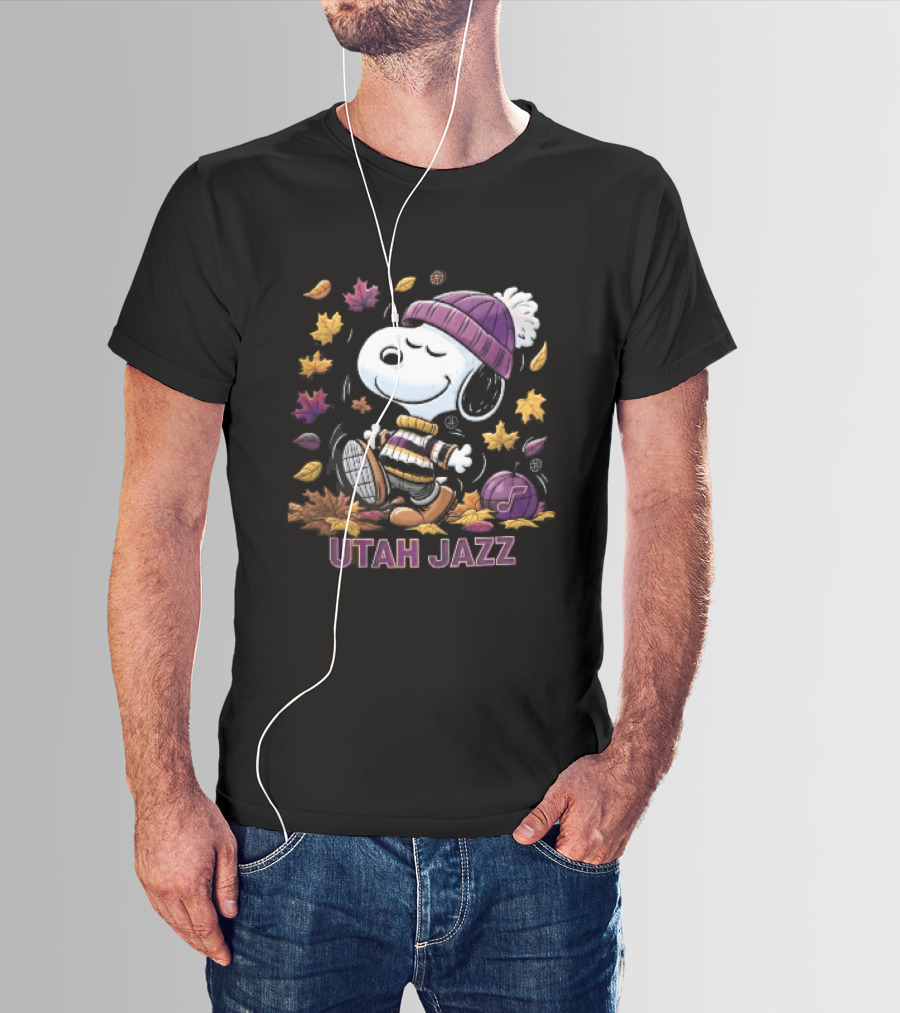Utah Jazz Snoopy Cartoon Walking In Autumn Leaves Purple Beanie Basketball T-Shirt