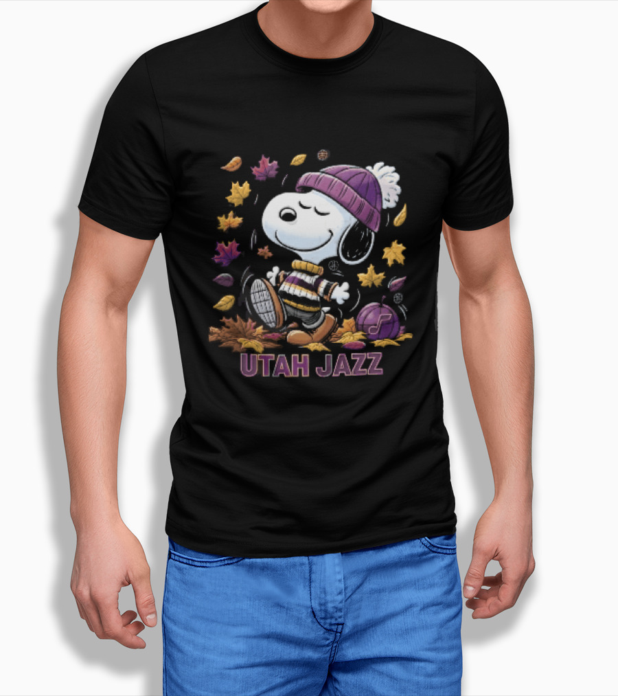 Utah Jazz Snoopy Cartoon Walking In Autumn Leaves Purple Beanie Basketball T-Shirt