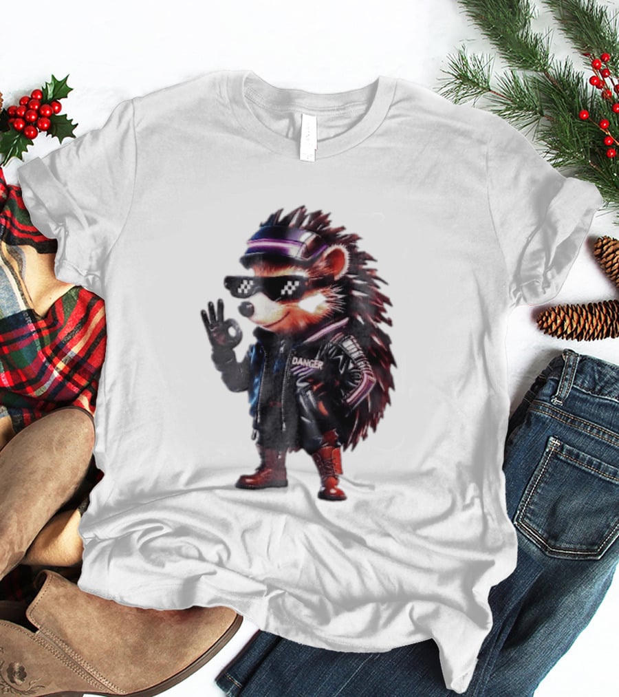 Danger Hedgehog Pixel Sunglasses Leather Jacket T-Shirt