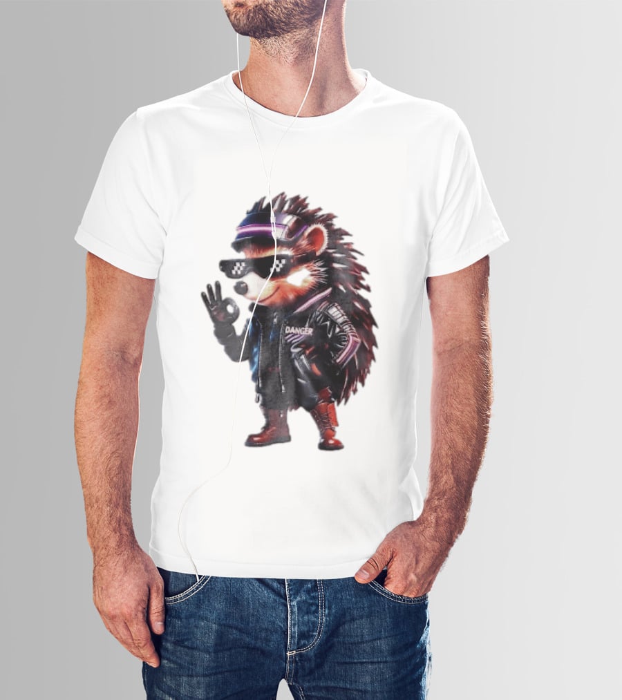Danger Hedgehog Pixel Sunglasses Leather Jacket T-Shirt