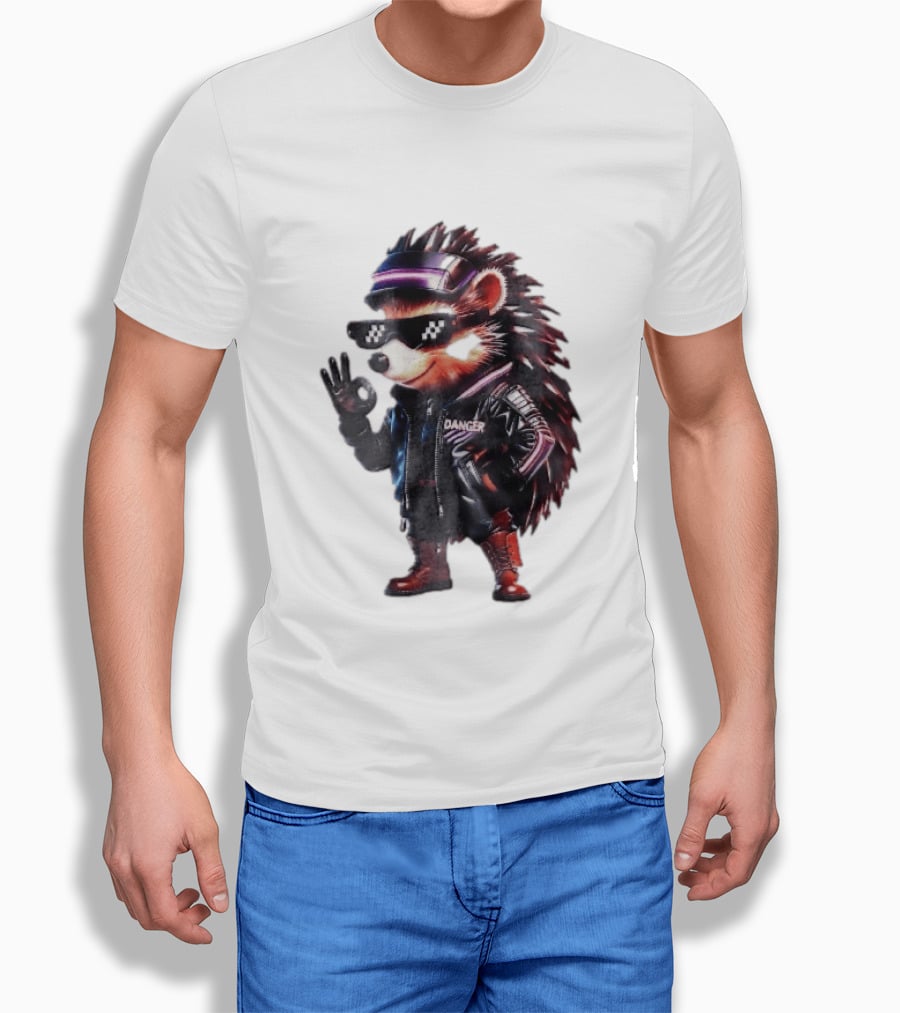 Danger Hedgehog Pixel Sunglasses Leather Jacket T-Shirt