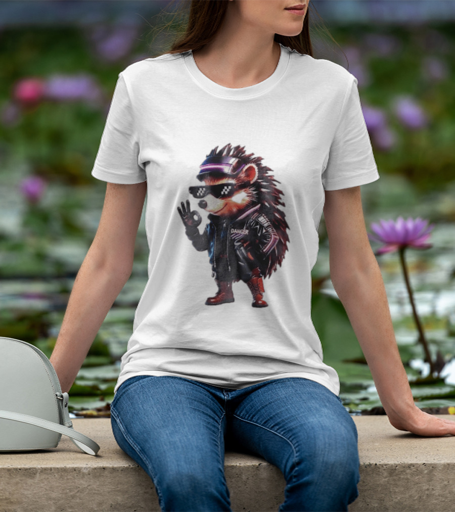 Danger Hedgehog Pixel Sunglasses Leather Jacket T-Shirt