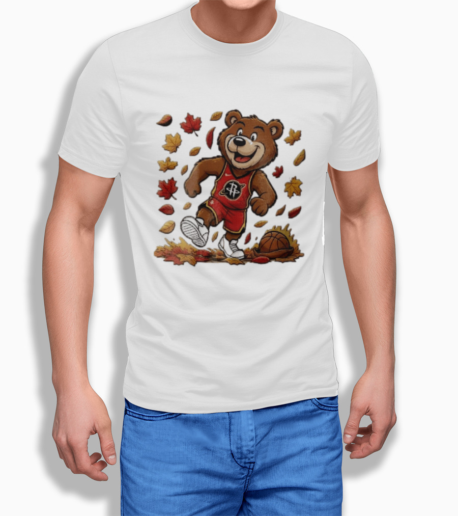 Houston Rockets Clutch The Bear Running With Basketball And Autumn Leaves T-Shirt