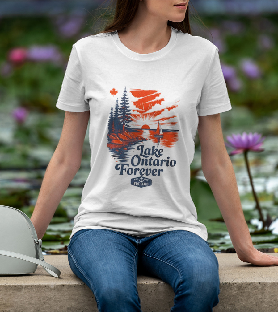 Lake Ontario Forever Sunset Sailboat FDT Club Canada Maple Leaf Scenery T-Shirt