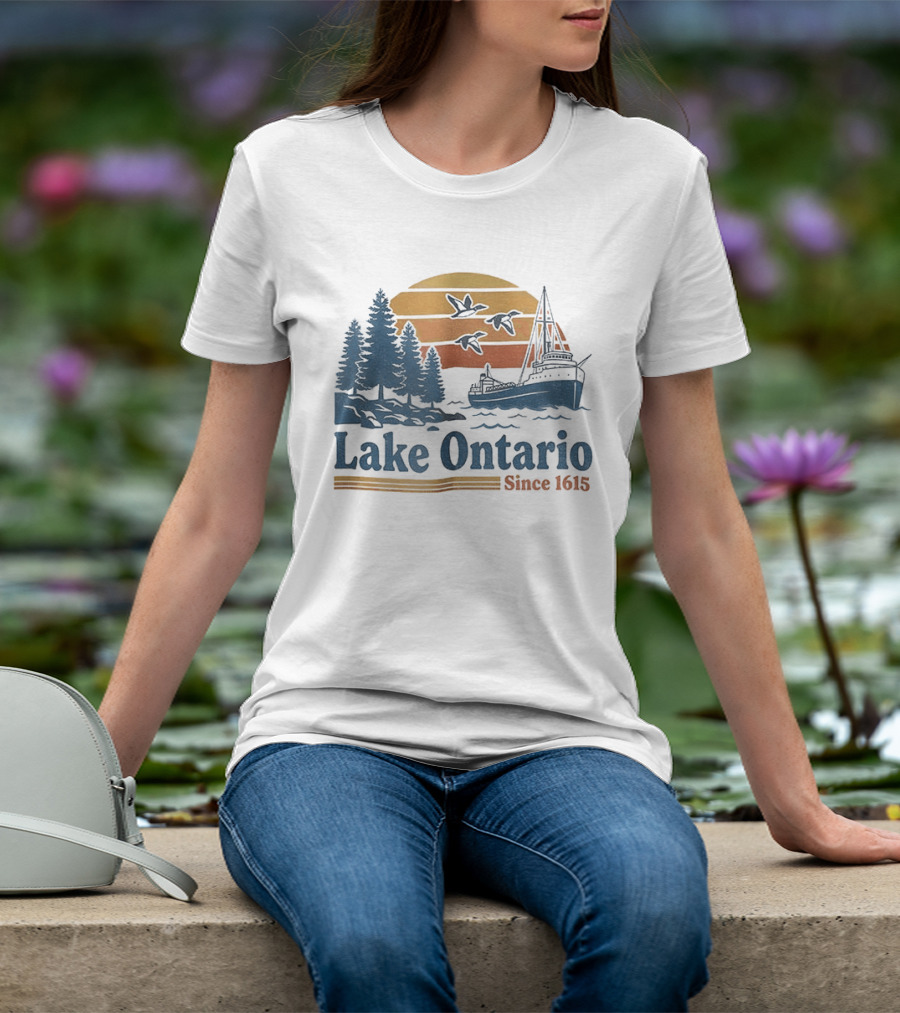 Lake Ontario Great Lakes Since 1615 Scenic Sunrise With Ship And Trees T-Shirt