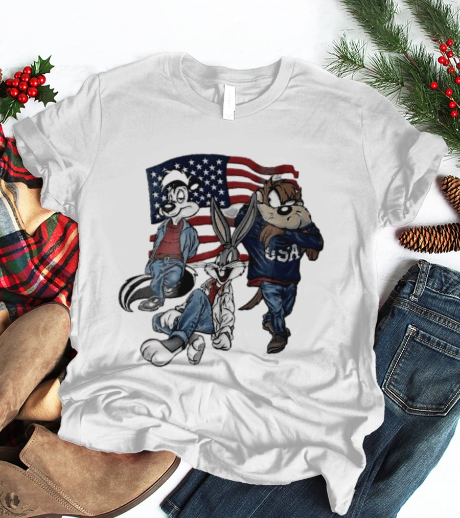 Looney Tunes Pepe Le Pew Bugs Bunny Tasmanian Devil USA American Flag Caricature T-Shirt