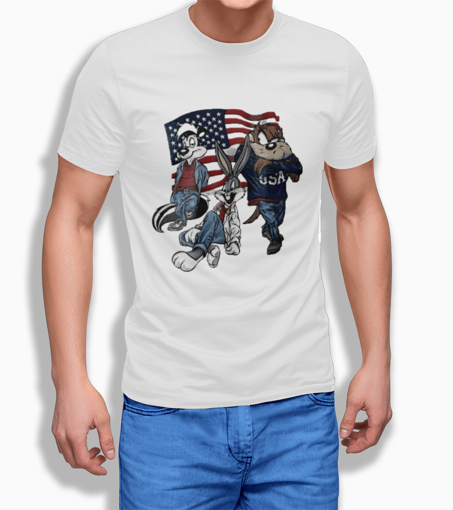 Looney Tunes Pepe Le Pew Bugs Bunny Tasmanian Devil USA American Flag Caricature T-Shirt