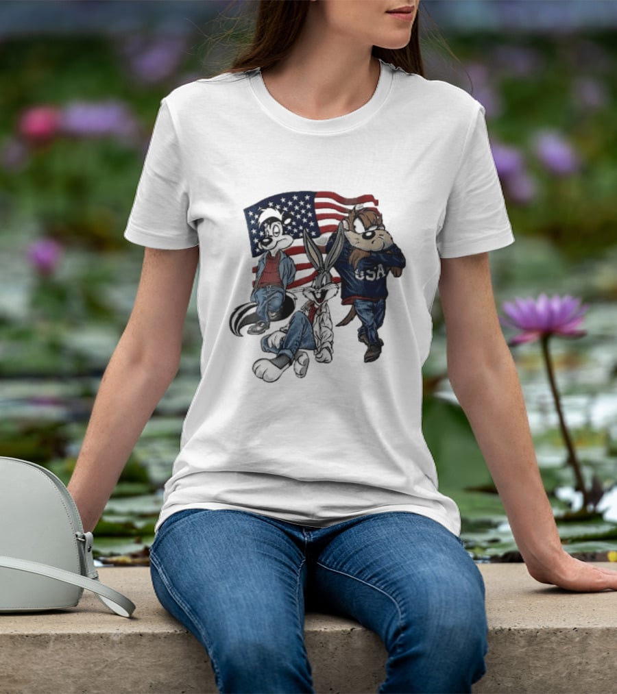 Looney Tunes Pepe Le Pew Bugs Bunny Tasmanian Devil USA American Flag Caricature T-Shirt