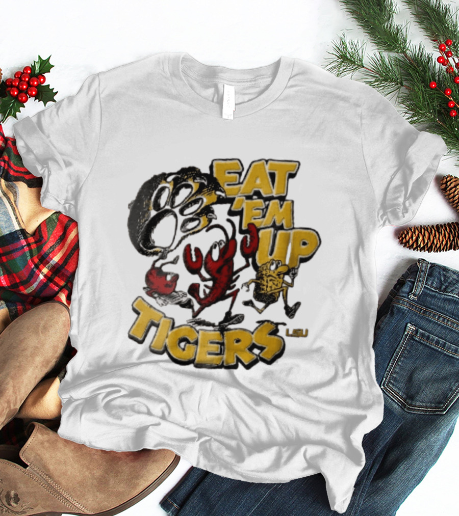 LSU Tigers Eat Em Up Cartoon Crawfish Corn Bean Paw Running T-Shirt