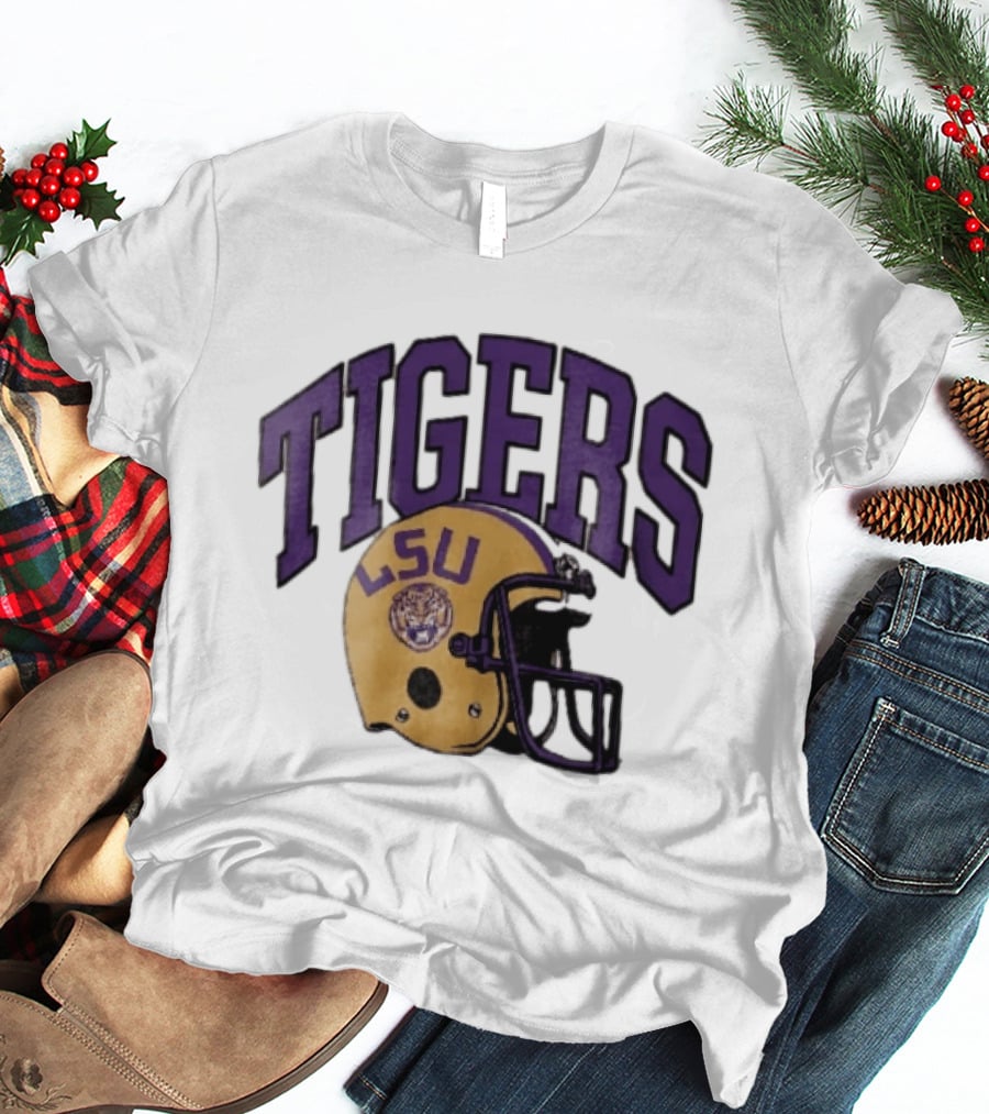 LSU Tigers Yellow Football Helmet Purple Arched Letters NCAA T-Shirt