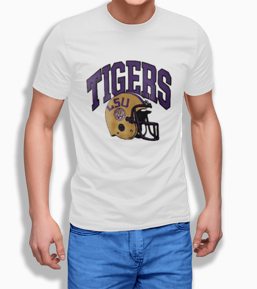 LSU Tigers Yellow Football Helmet Purple Arched Letters NCAA T-Shirt
