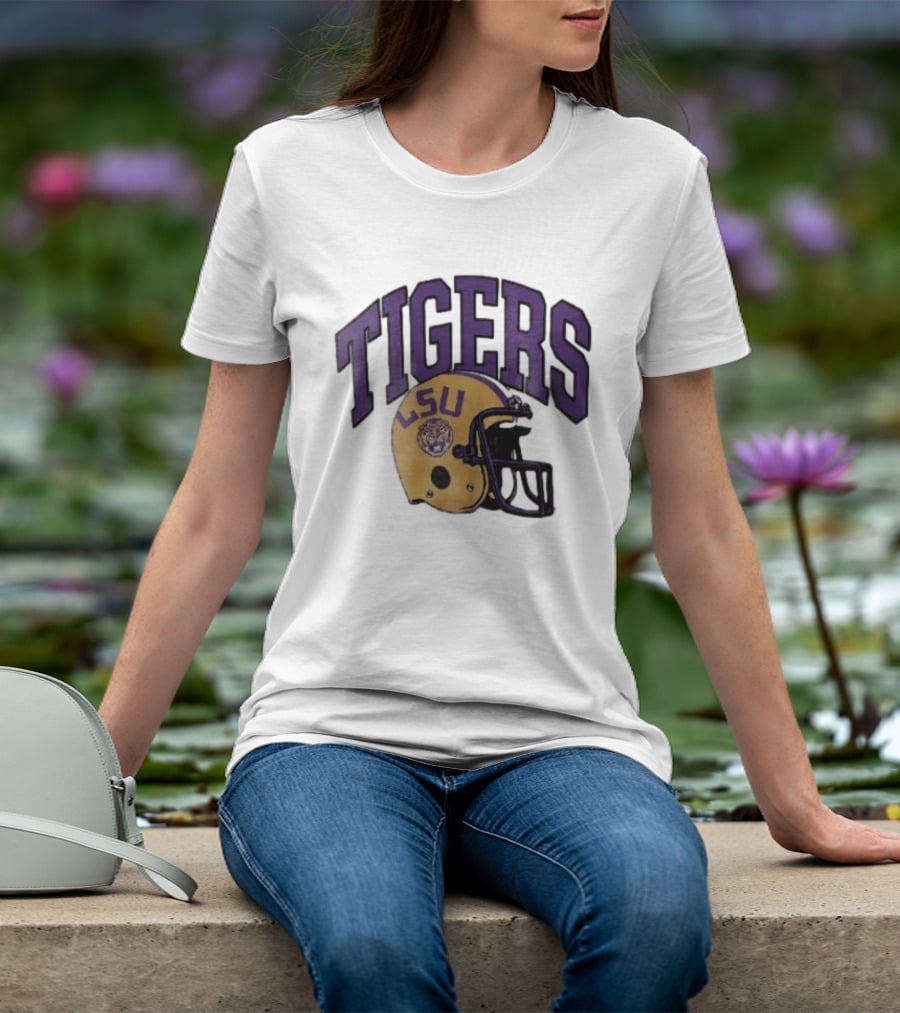 LSU Tigers Yellow Football Helmet Purple Arched Letters NCAA T-Shirt