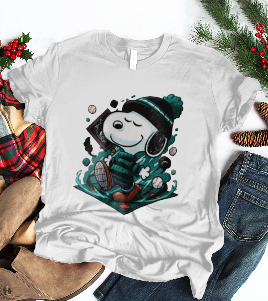 Miami Marlins MLB Snoopy Walking Teal Winter Beanie Striped Baseballs T-Shirt