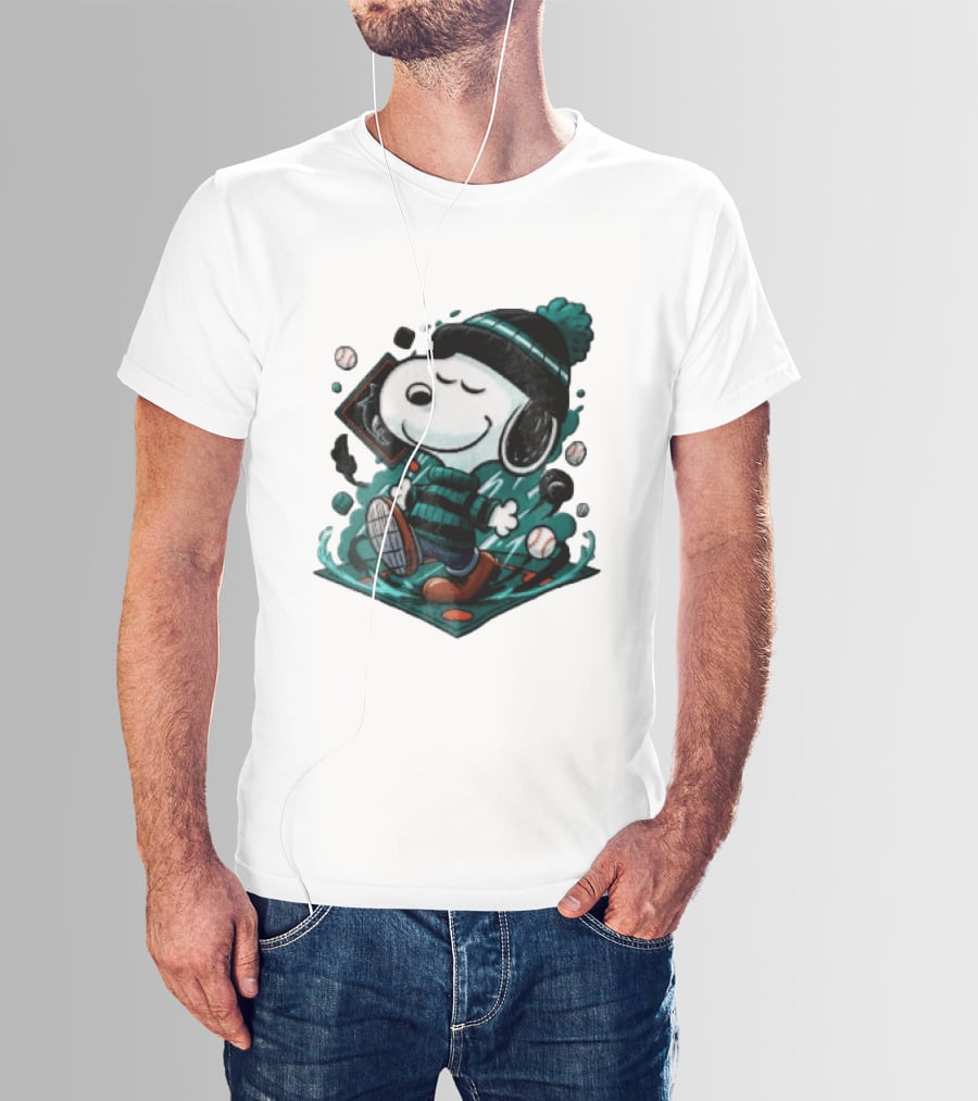 Miami Marlins MLB Snoopy Walking Teal Winter Beanie Striped Baseballs T-Shirt