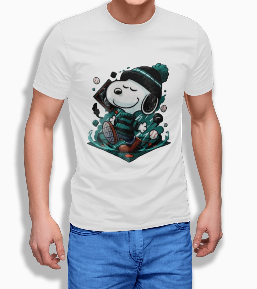 Miami Marlins MLB Snoopy Walking Teal Winter Beanie Striped Baseballs T-Shirt