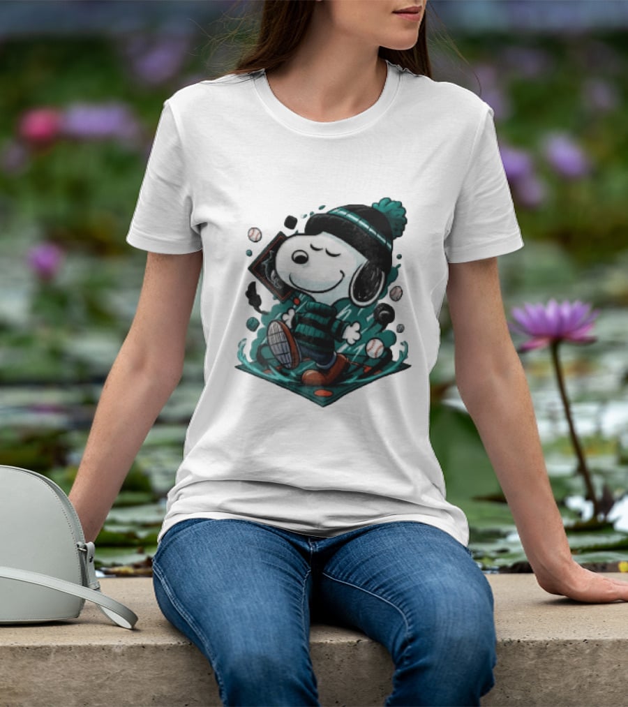 Miami Marlins MLB Snoopy Walking Teal Winter Beanie Striped Baseballs T-Shirt