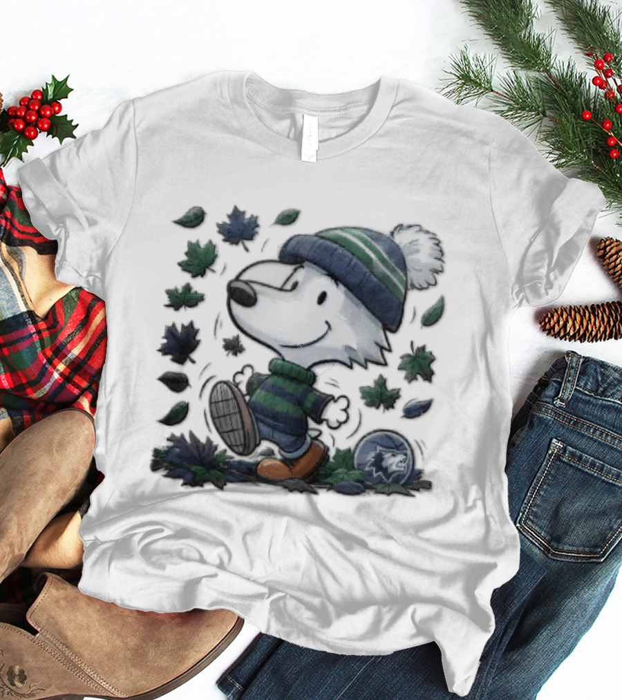 Minnesota Timberwolves Snoopy Beanie Boots Falling Leaves Cartoon T-Shirt