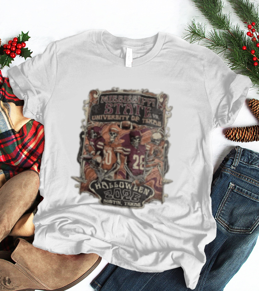 Mississippi State Vs University Of Texas Halloween 2026 Austin Texas Skeleton Football Players T-Shirt