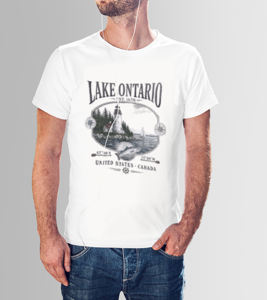 Lake Ontario Lighthouse Sailboat Fish 43 30 And 77 W United States Canada T-Shirt