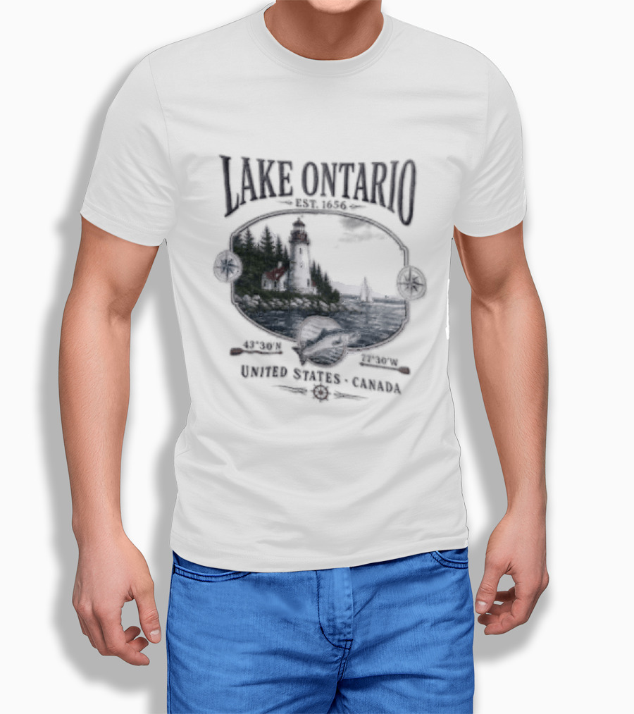 Lake Ontario Lighthouse Sailboat Fish 43 30 And 77 W United States Canada T-Shirt