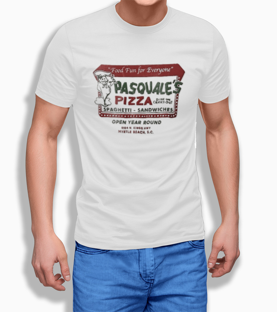 Pasquales Pizza Food Fun For Everyone Myrtle Beach Cartoon Chef Marquee Sign Spaghetti Sandwiches T-Shirt