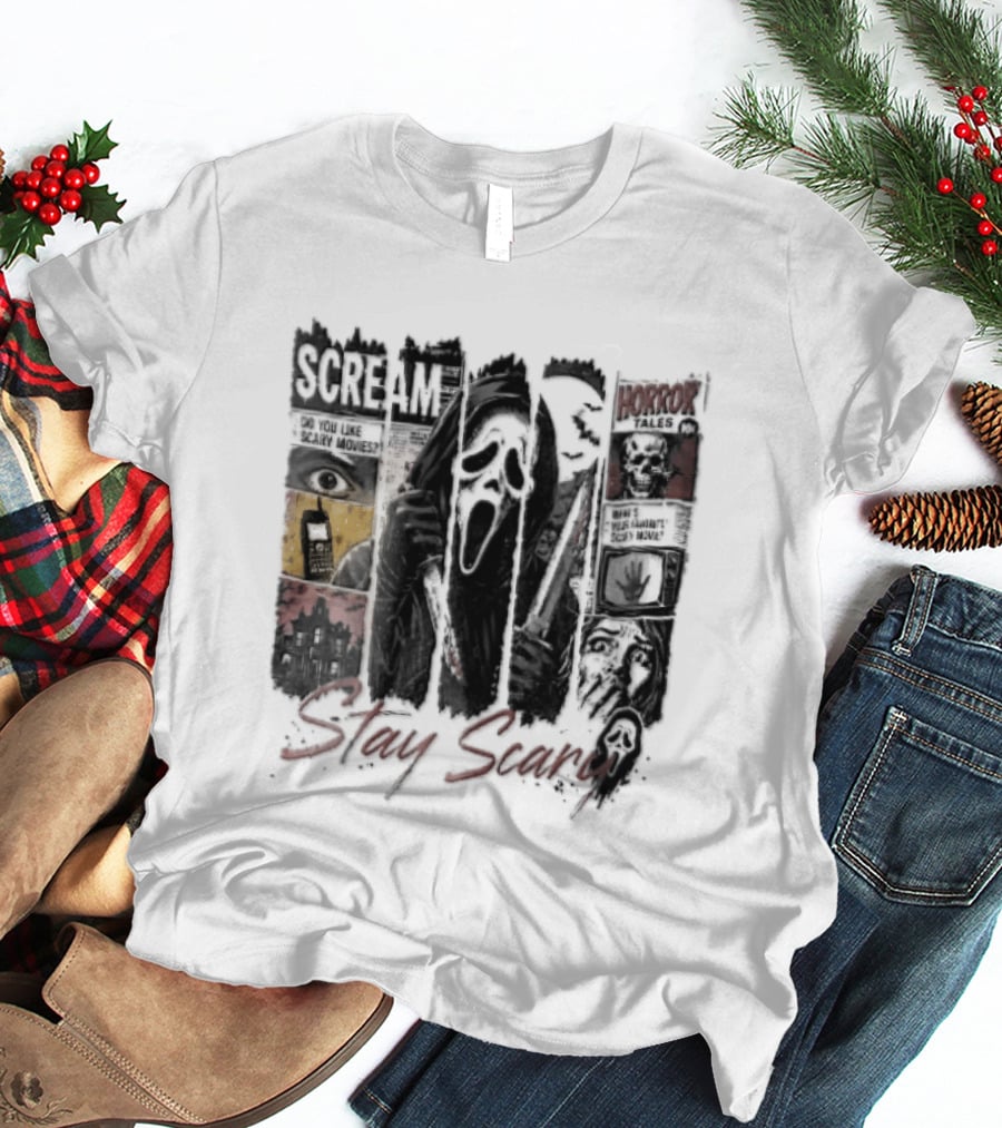 Scream Stay Scary Ghostface Comic Bloody Dagger Do You Like Scary Movies T-Shirt