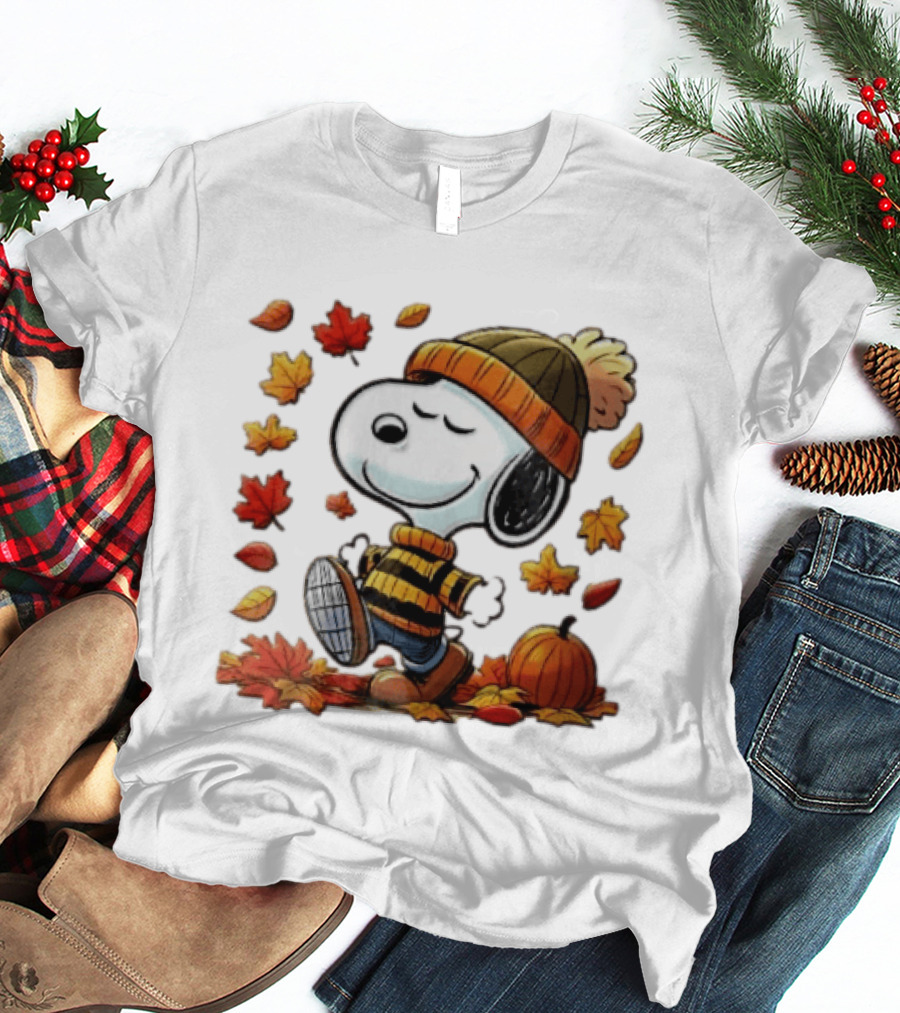 Snoopy Walking In Striped Beanie With Autumn Leaves And Pumpkin T-Shirt