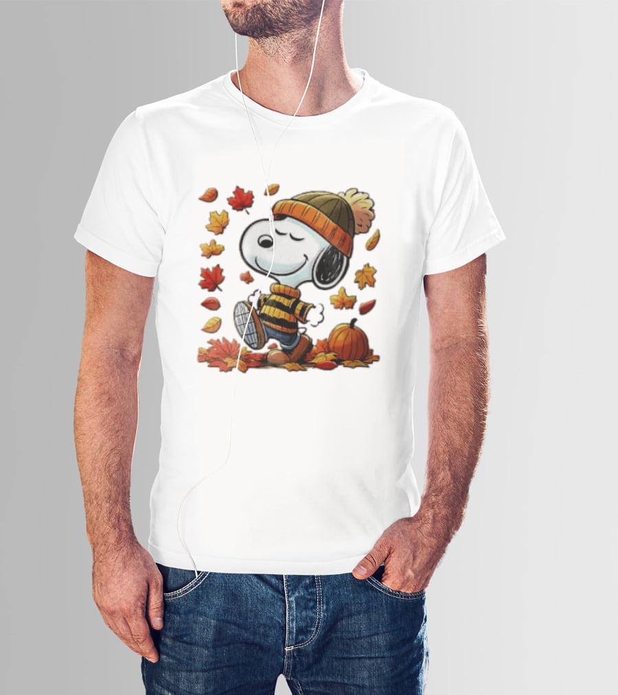 Snoopy Walking In Striped Beanie With Autumn Leaves And Pumpkin T-Shirt